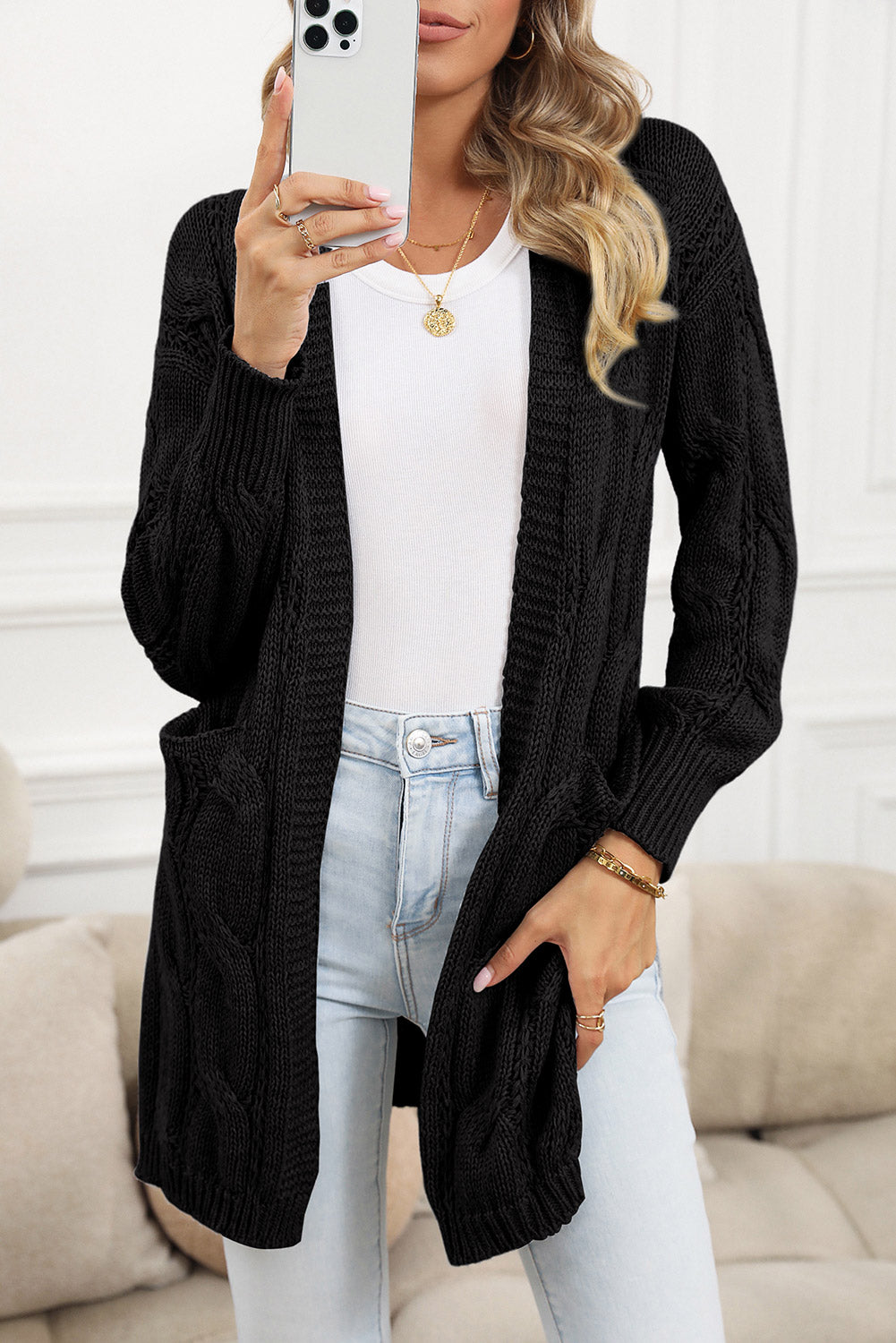 Apricot Ribbed Trim Hollow Knit Side Slits Cardigan