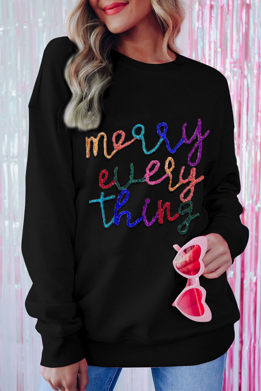 Black Every Thing Glitter Letter Christmas Sweatshirt