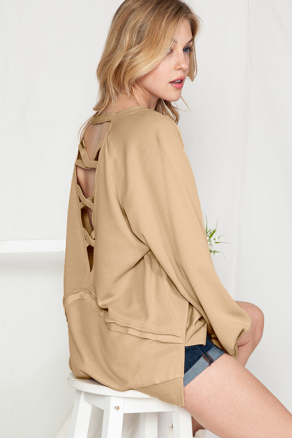 Flaxen Patchwork Crisscross Back Oversized Sweatshirt