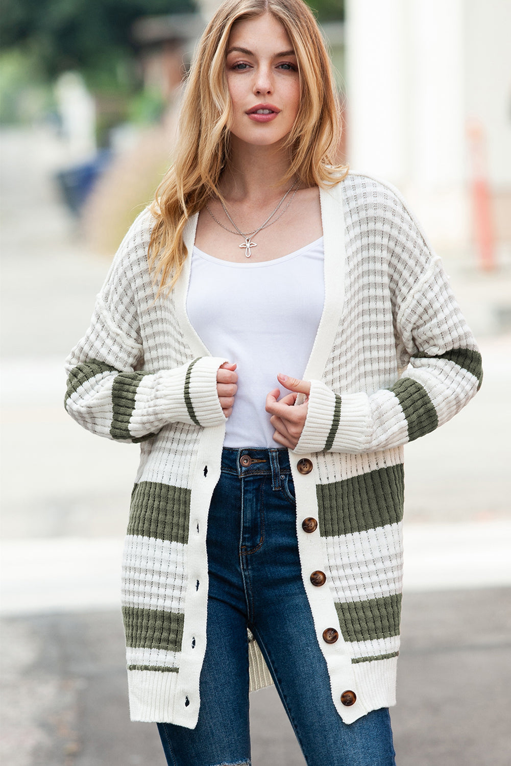 Black Striped Textured Knit Buttoned Cardigan