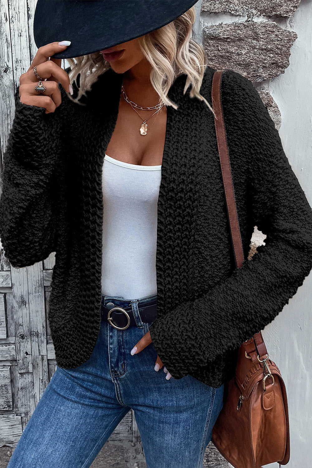 Gray Popcorn Knit Open Front Cardigan