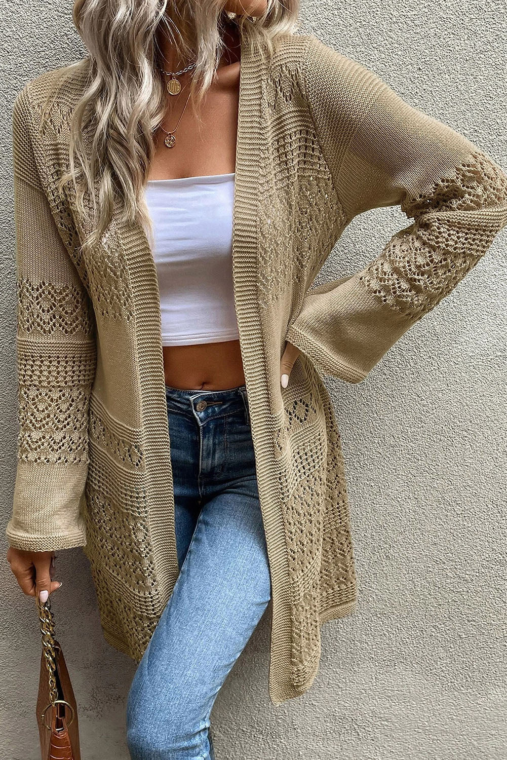 Khaki Pointelle Knit Open Front Long Cardigan