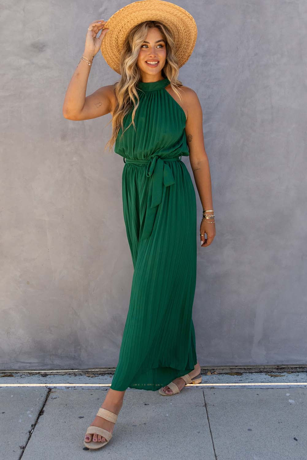 Black Elegant Halter Neck Belted Pleated Wide Leg Jumpsuit