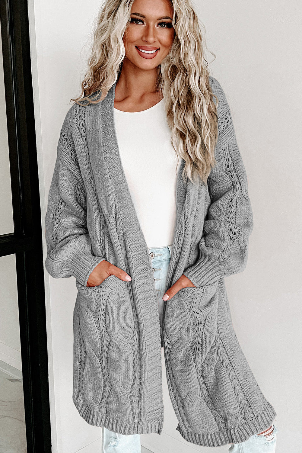 Apricot Ribbed Trim Hollow Knit Side Slits Cardigan