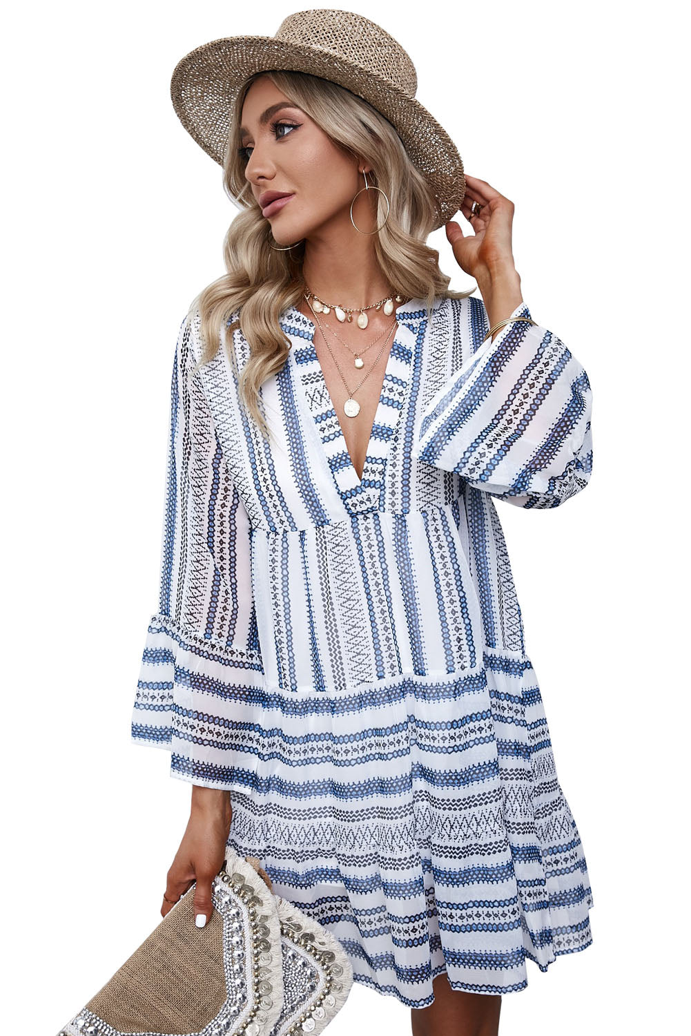 Blue Split V Neck 3/4 Sleeve Chiffon Tunic Dress