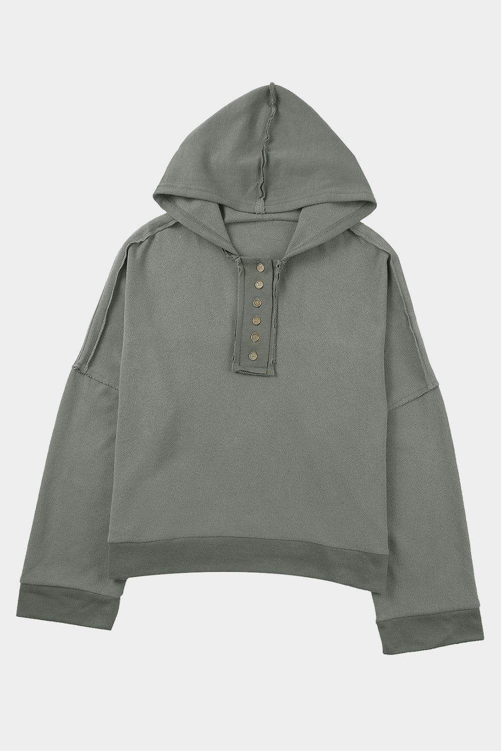 Grey Solid Casual Button Patchwork Trim Hoodie