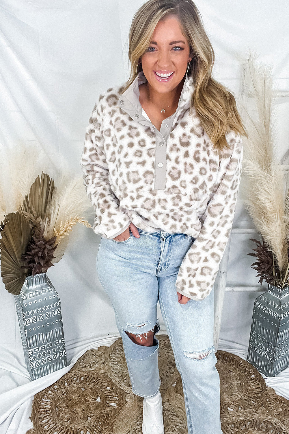 Leopard Fleece Snap Button Henly Pullover Sweatshirt