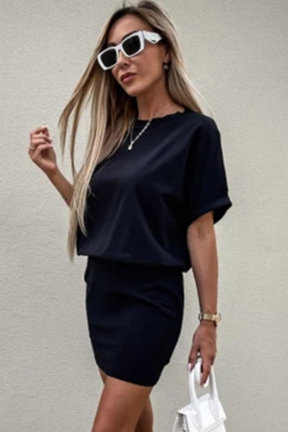 Black Basic Waist-cinching Short T Shirt Dress