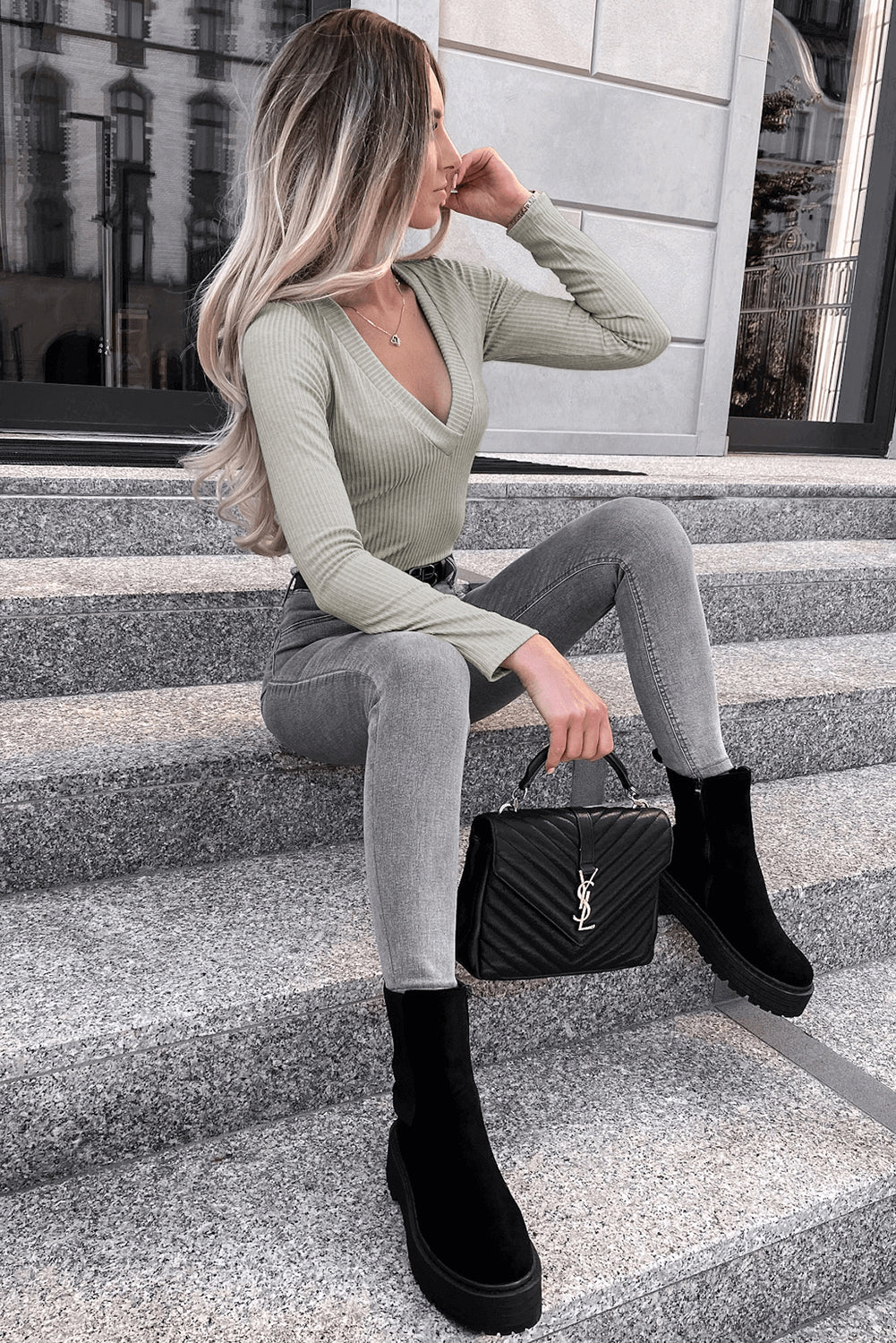 Light Grey Ribbed V Neck Slim Long Sleeve Top