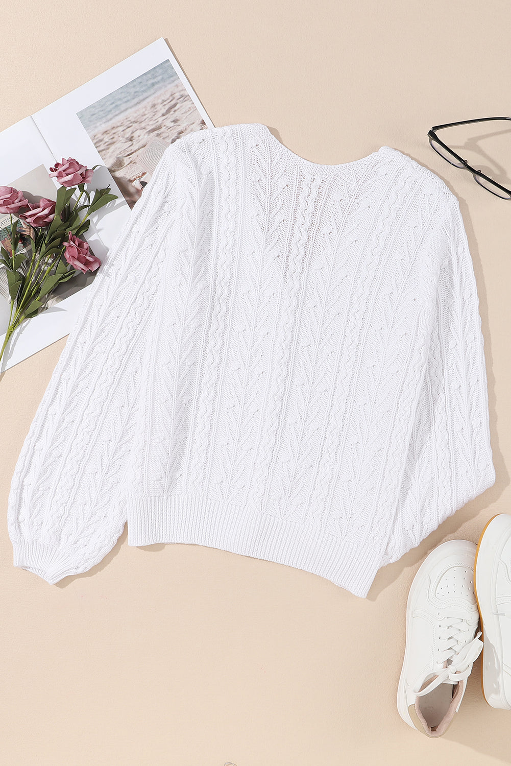 White Solid Cable Knit V Neck Puff Sleeve Cardigan