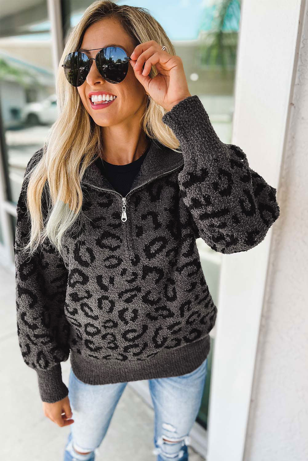 Gray Casual Animal Print Zipped Collared Sweater