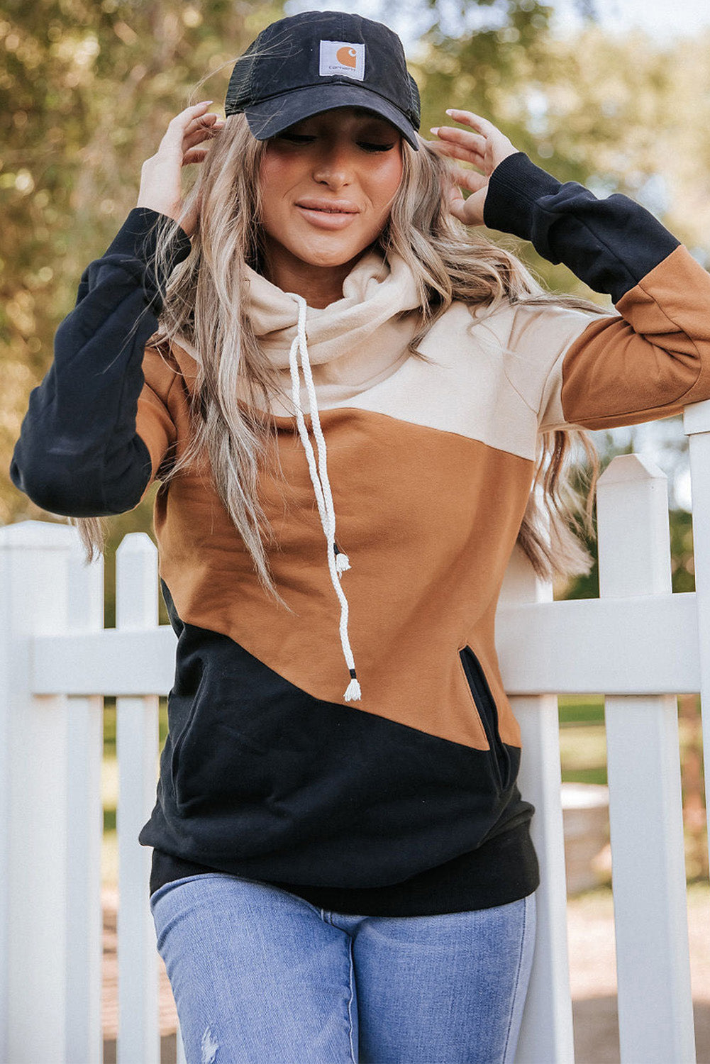 Khaki Color Block Long Sleeve Pullover Hoodie