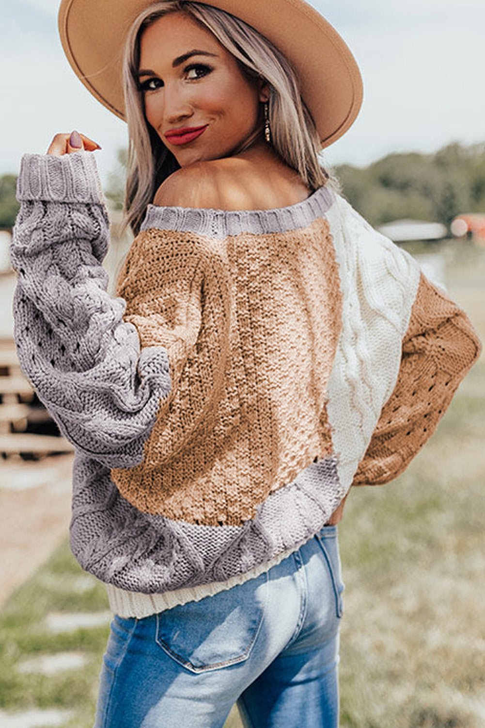 Brown Casual Colorblock Mixed Textured Sweater