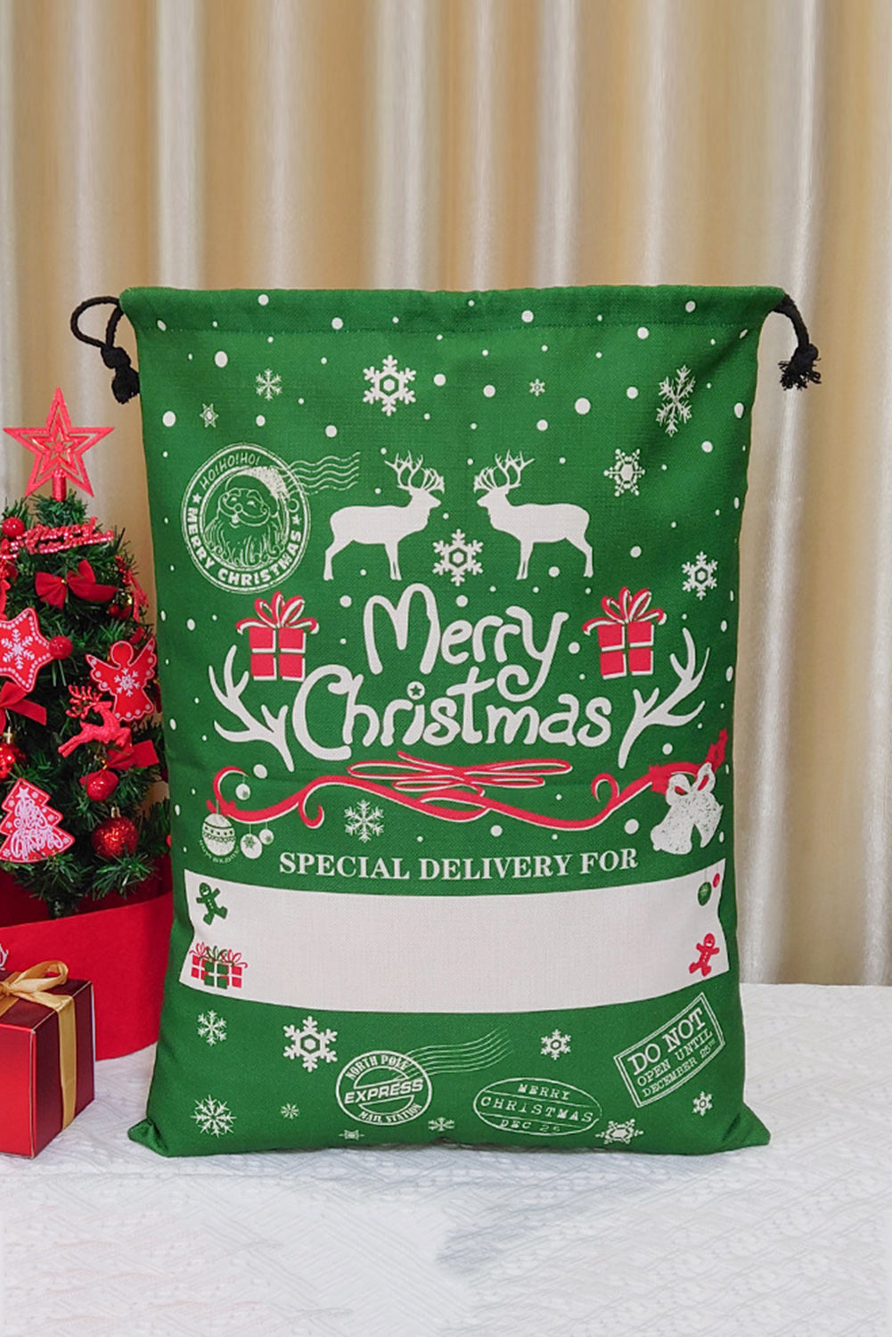 Dark Green Merry Christmas Lettering & Reindeer  Printed Gift Bag