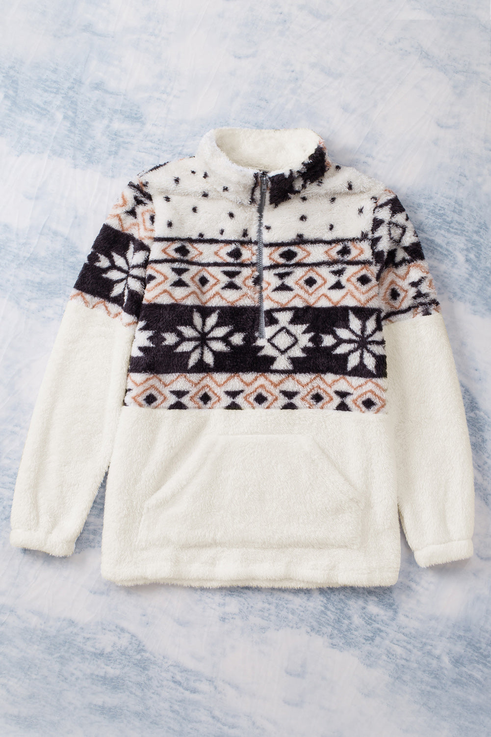 White Geometric Print Zip Neck Pocket Fluffy Fleece Sweatshirt