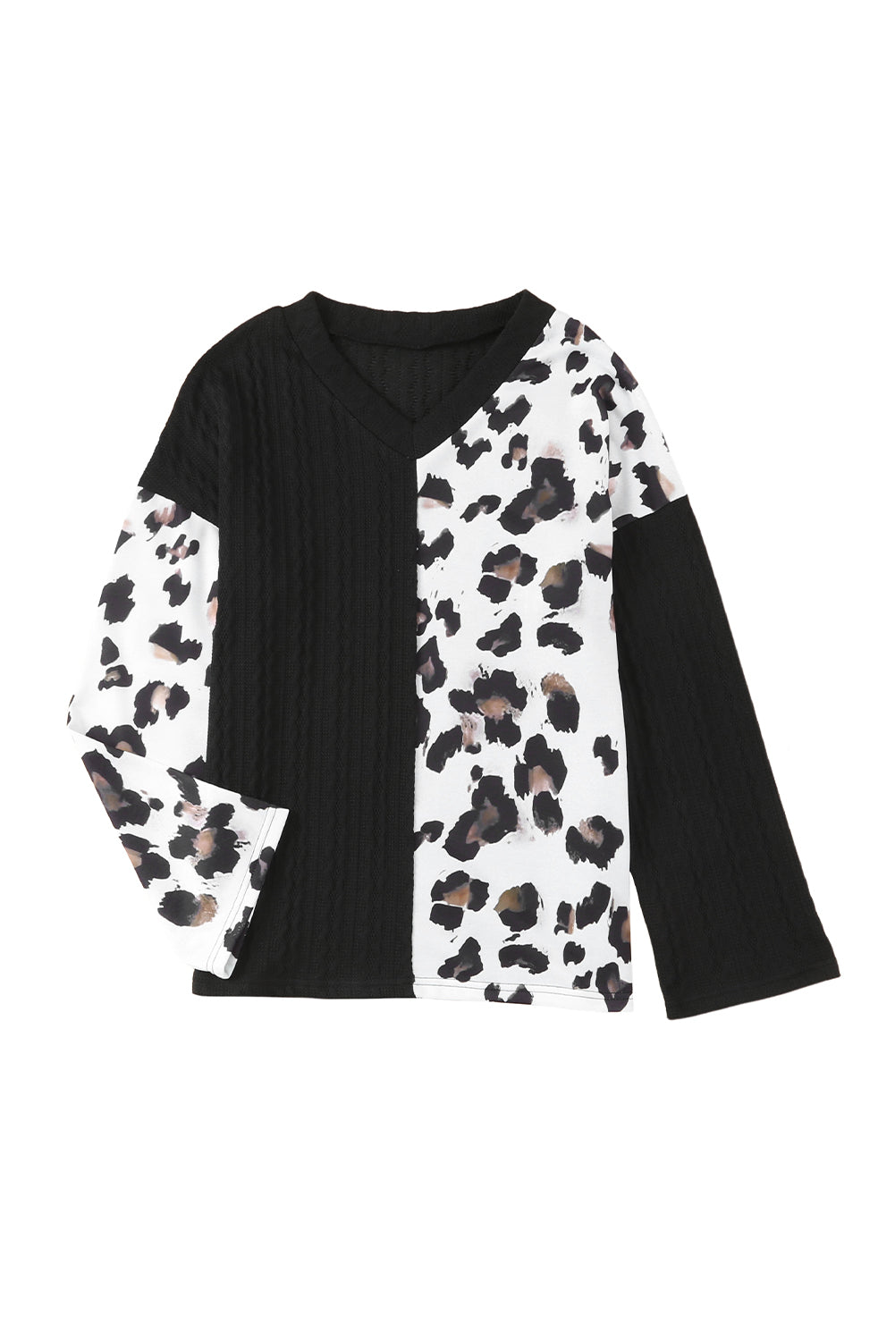 Black V Neck Leopard Colorblock Patchwork Long Sleeve Top