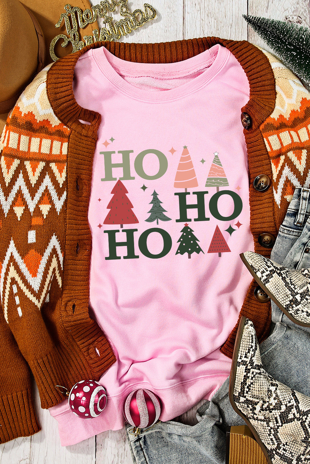 Pink Christmas Tree HO Pullover Graphic Sweatshirt