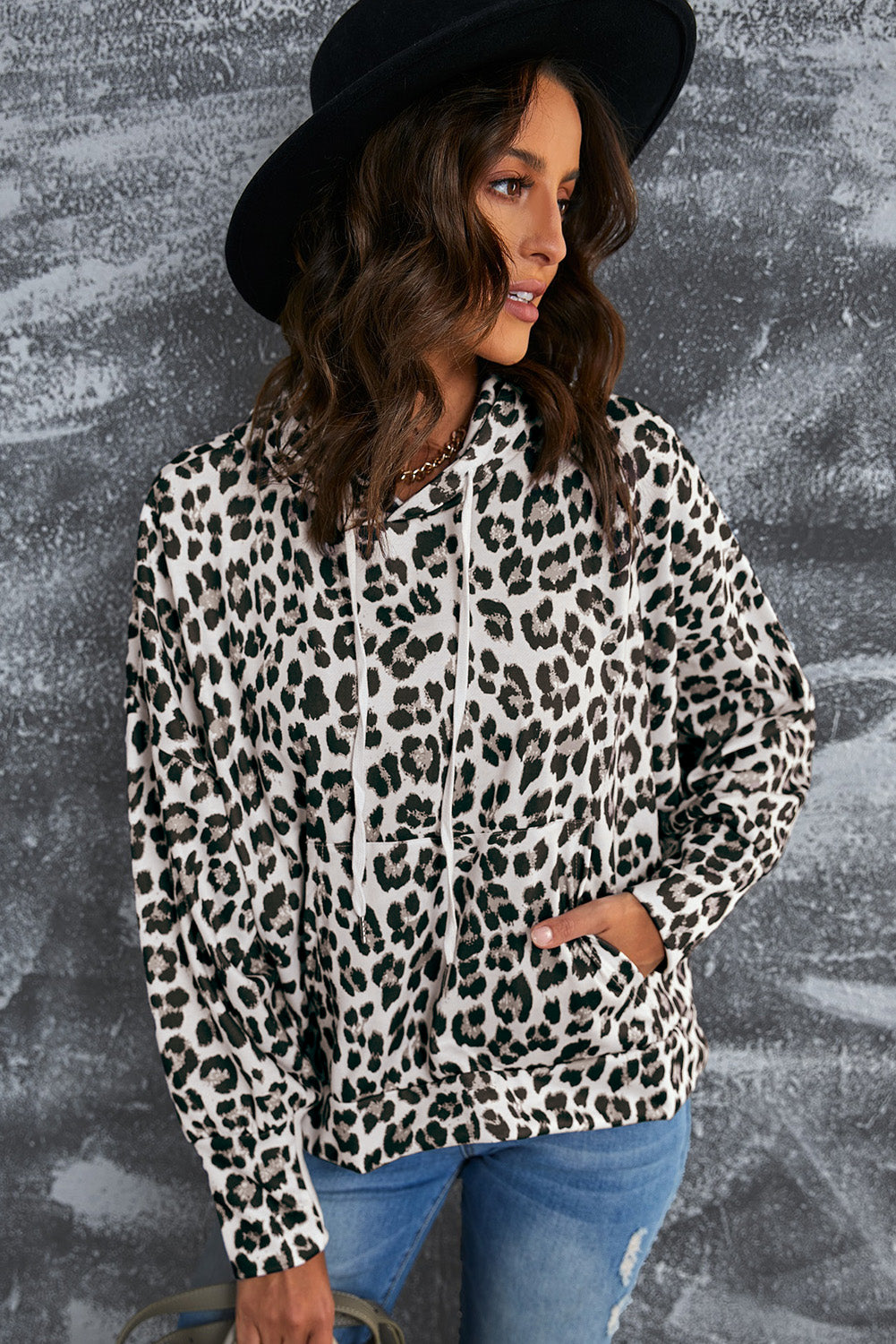 Leopard Print Kangaroo Pocket Long Sleeve Pullover Hoodie