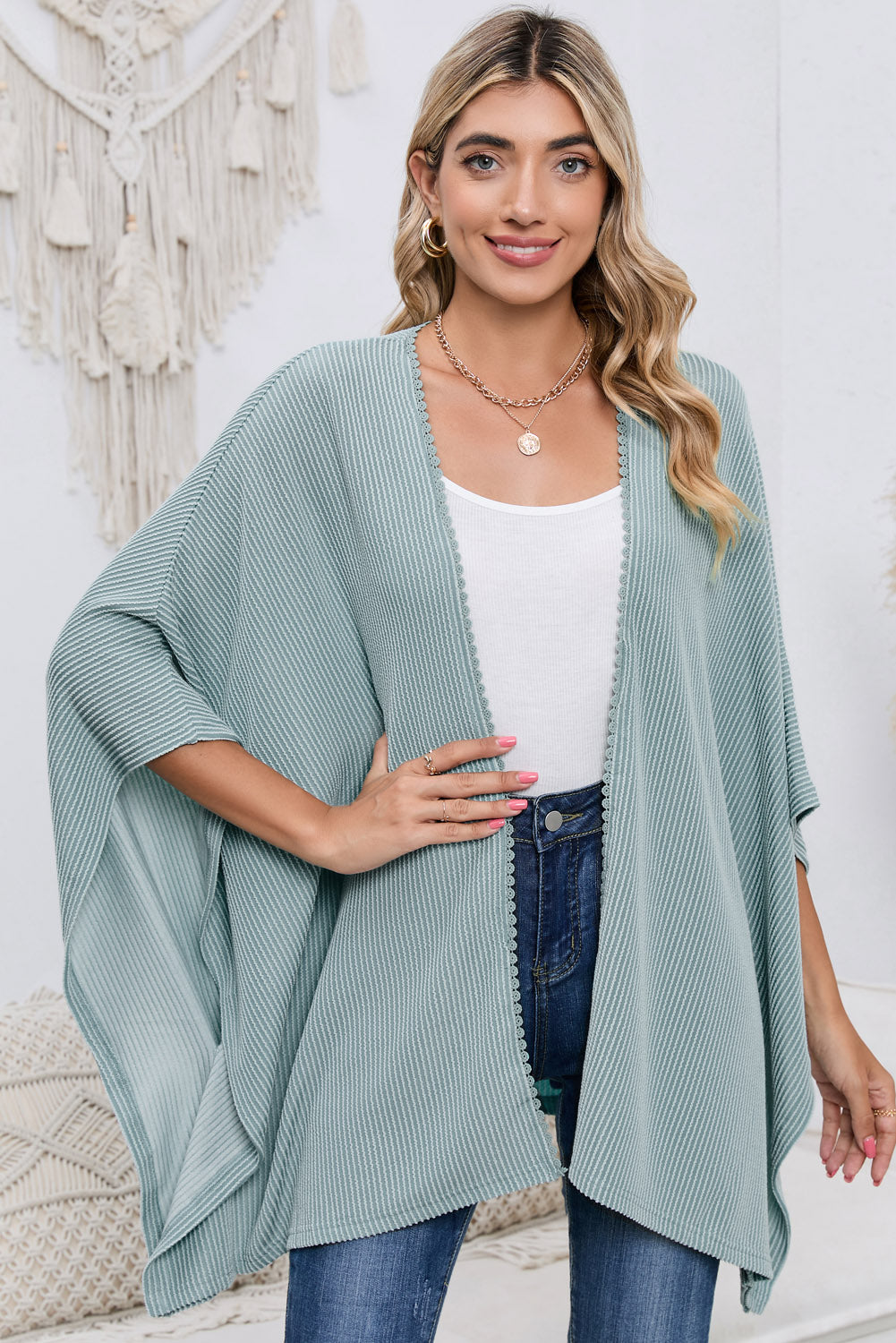 Apricot Textured Lace Trim Open Front Kimono Cardigan