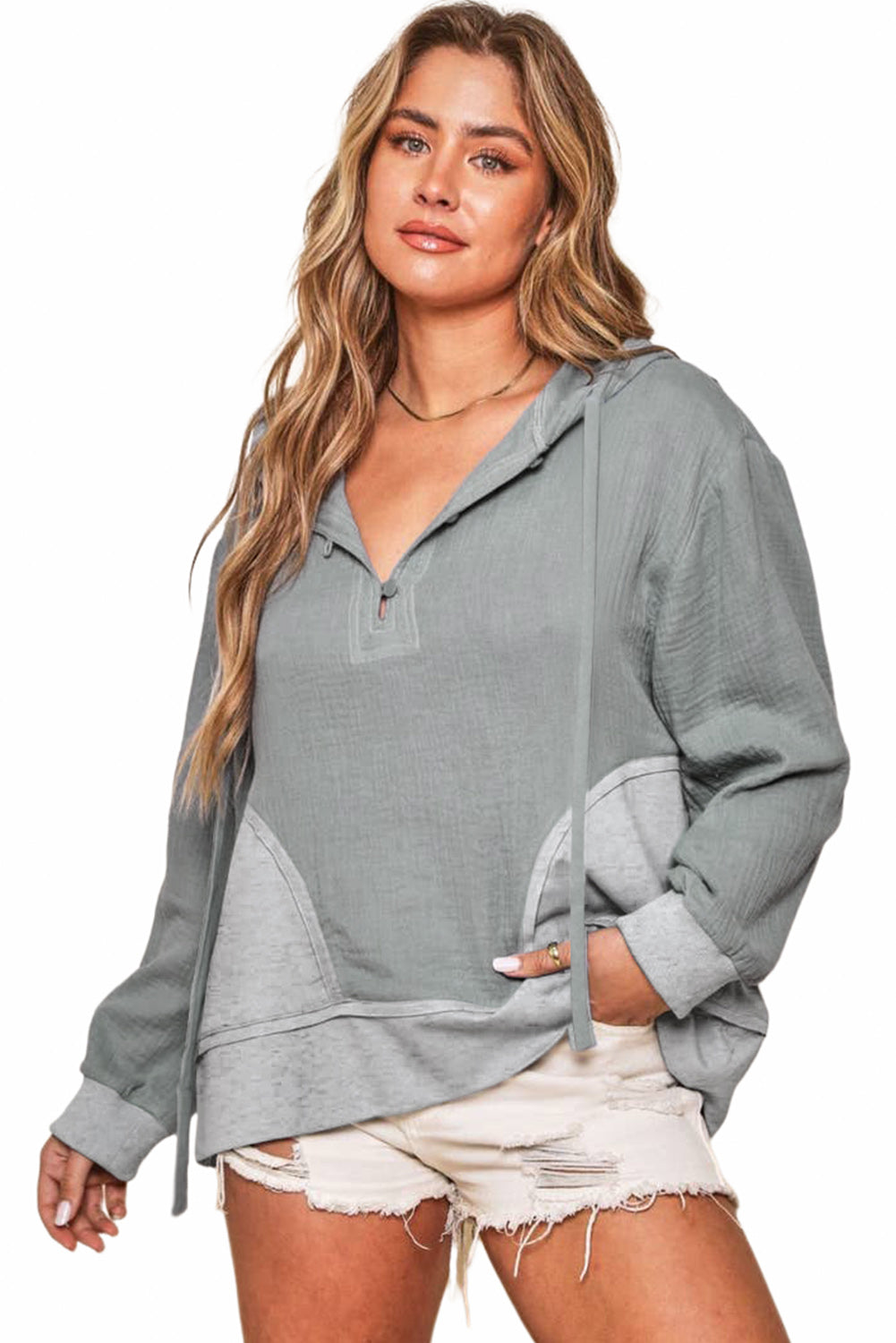 Grey Solid Color Buttoned Pullover Hoodie with Drawstring