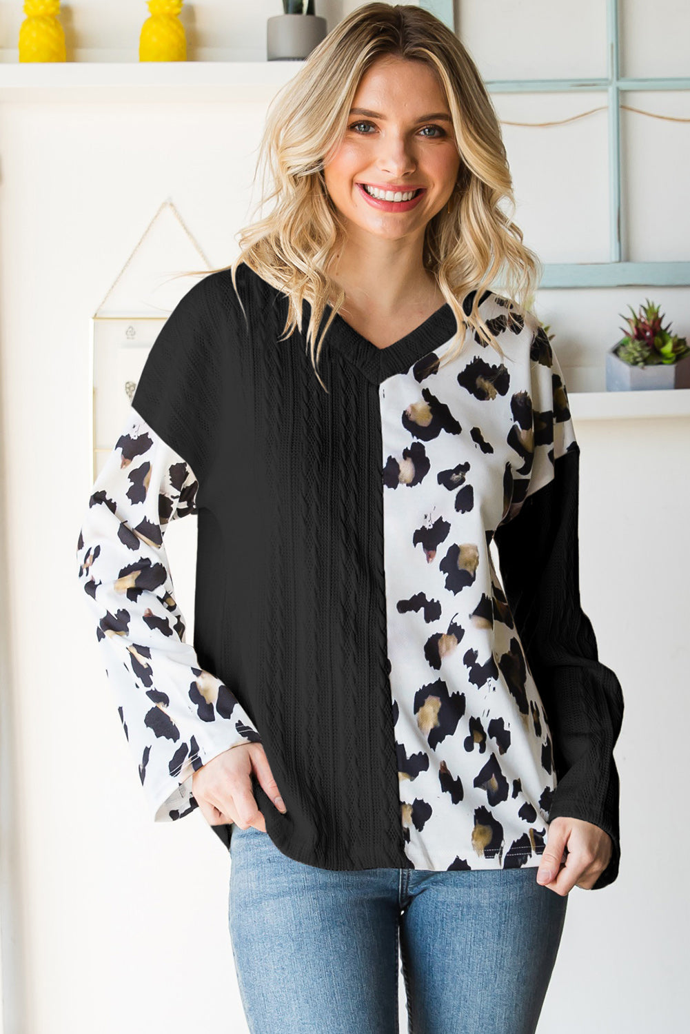 Black V Neck Leopard Colorblock Patchwork Long Sleeve Top