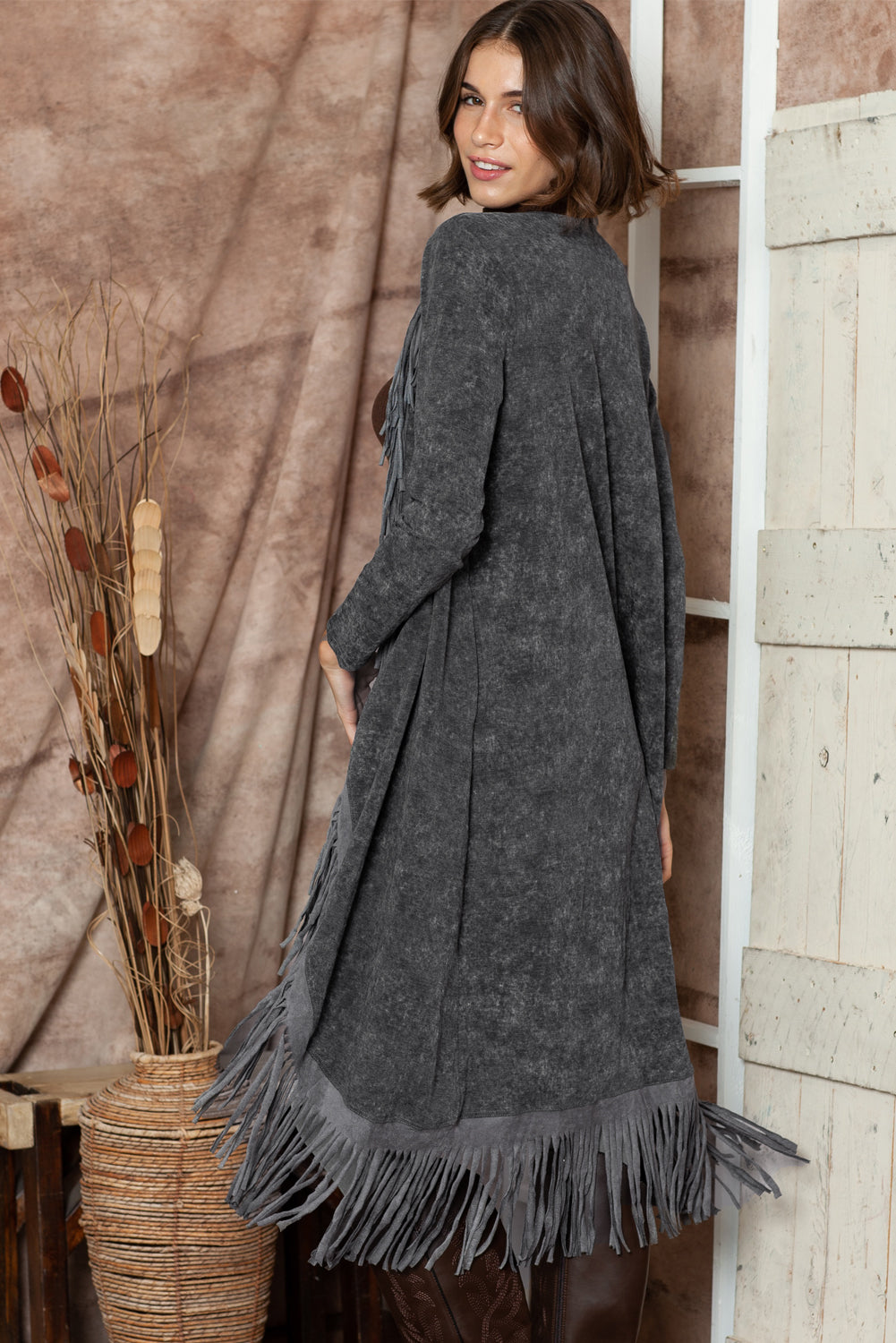 Black Mineral Washed Tassel Open Front Long Cardigan