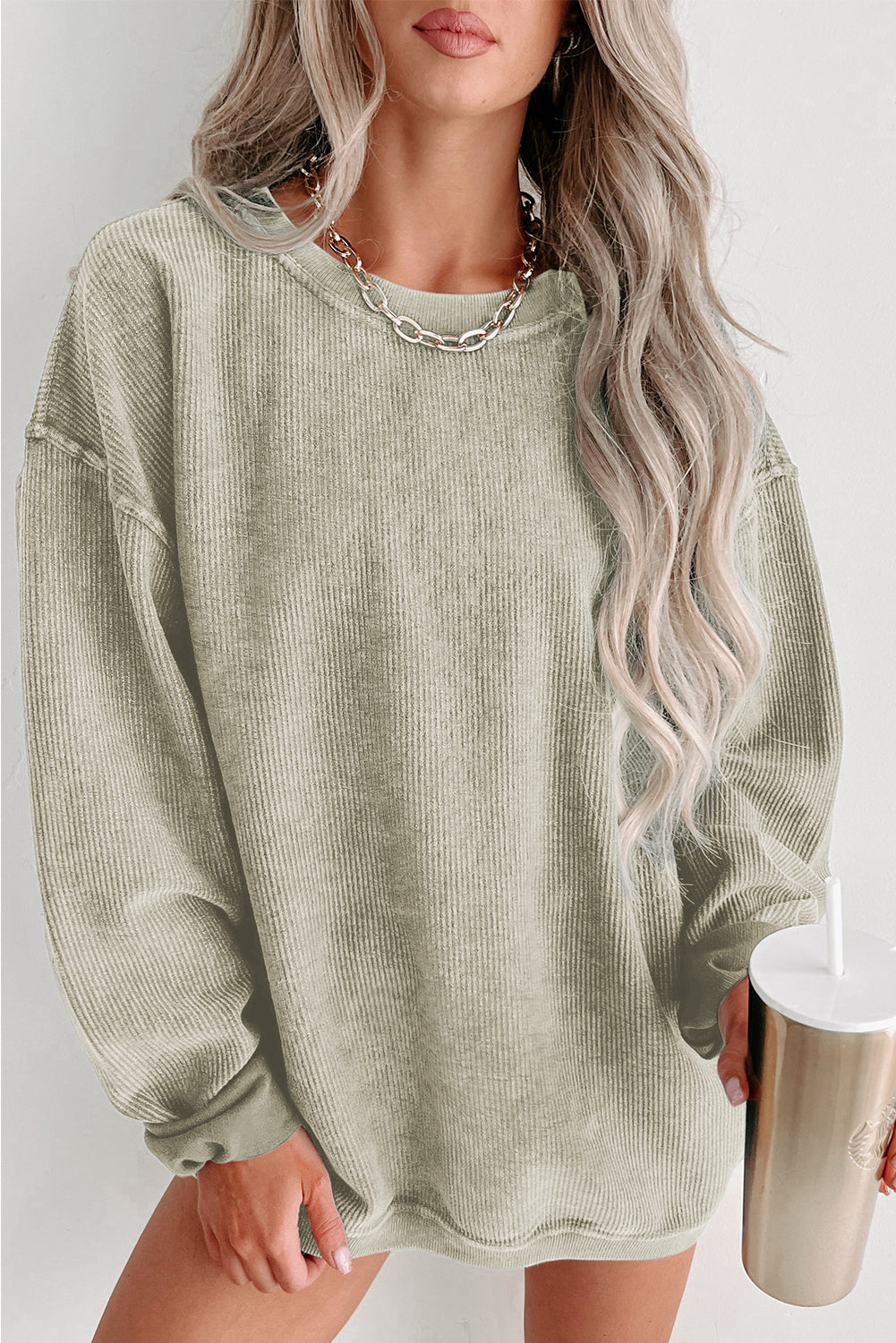 Green Ribbed Round Neck Drop Sleeve Pullover Sweatshirt