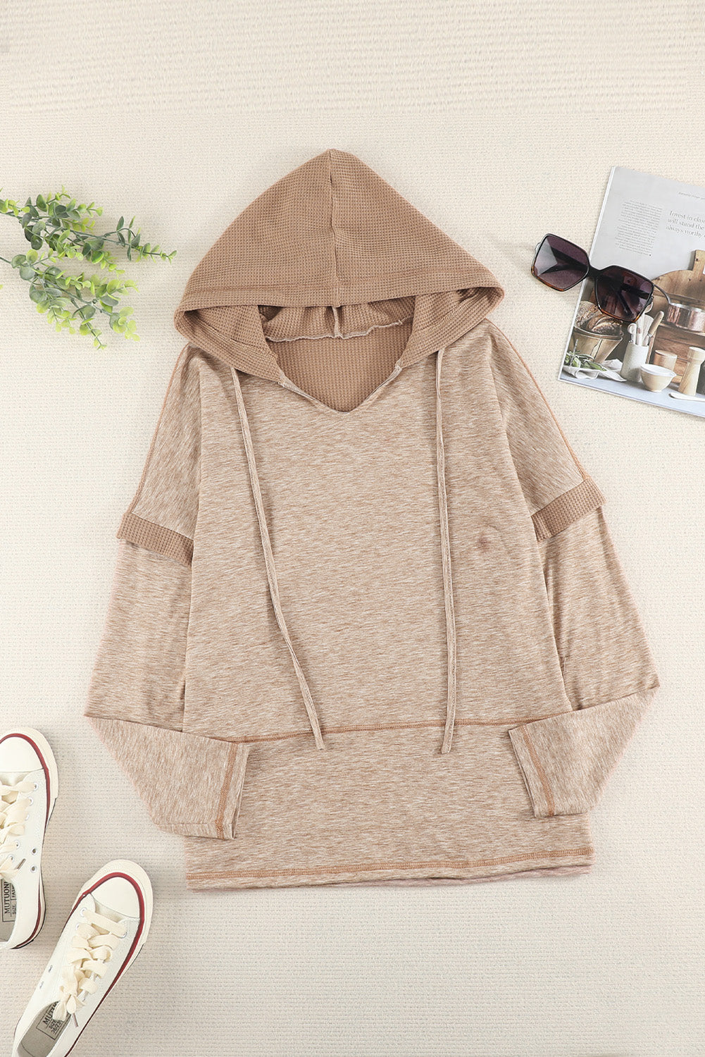 Khaki Waffle Long Sleeve Knit Pullover Hoodie