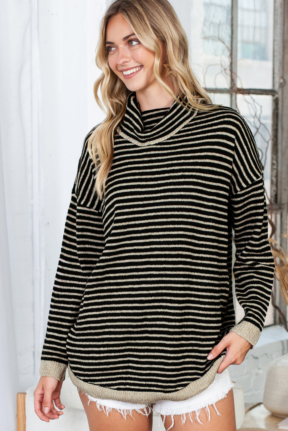 Khaki Striped Turtleneck Oversized Sweater