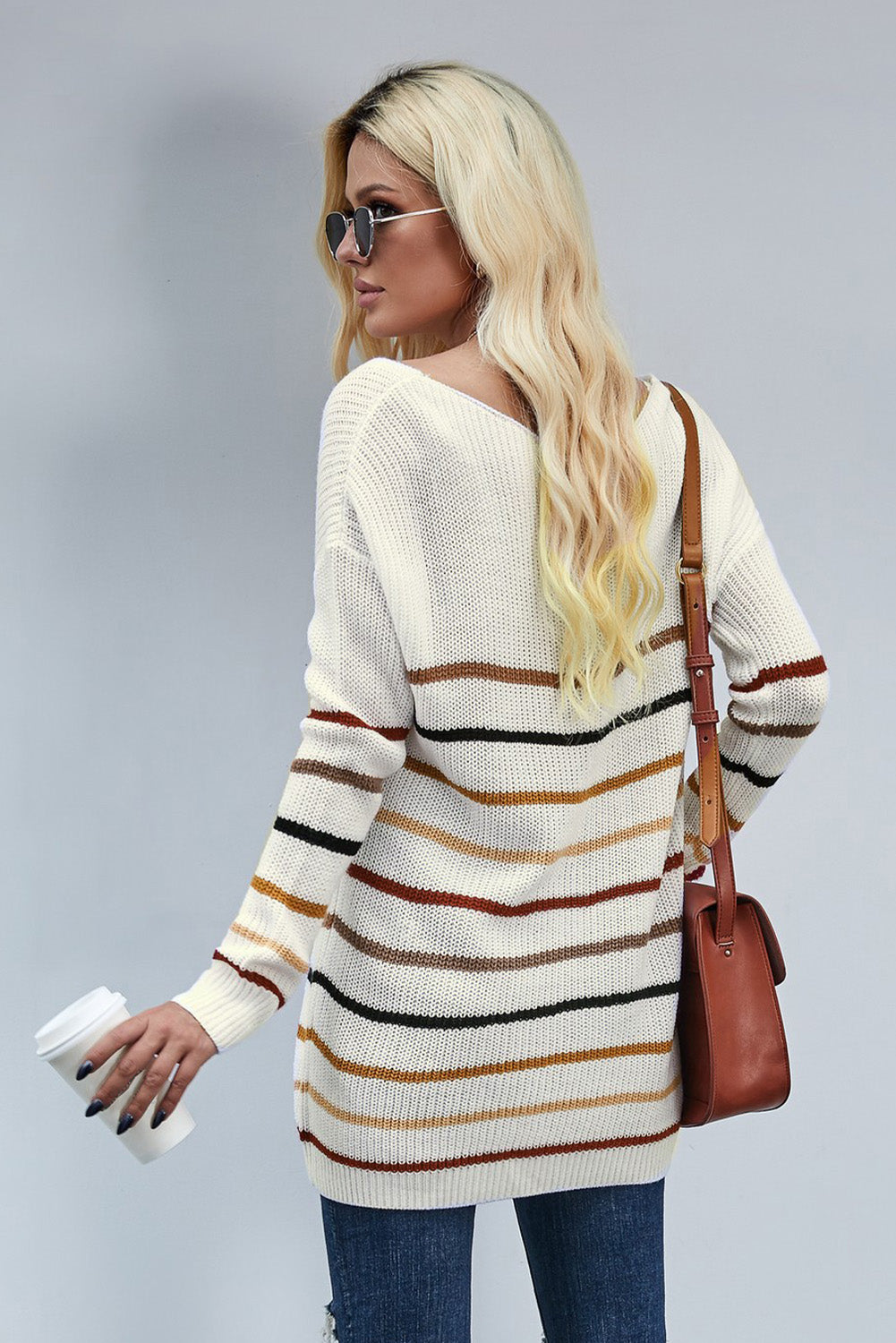 Multicolor Color Block Striped Drop Sleeve Knit Sweater