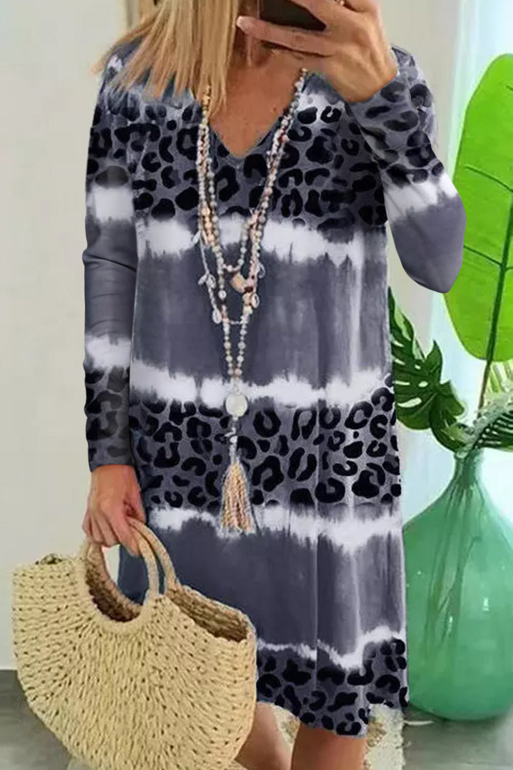 Gray Leopard Tie Dye Long Sleeve Shift Midi Dress