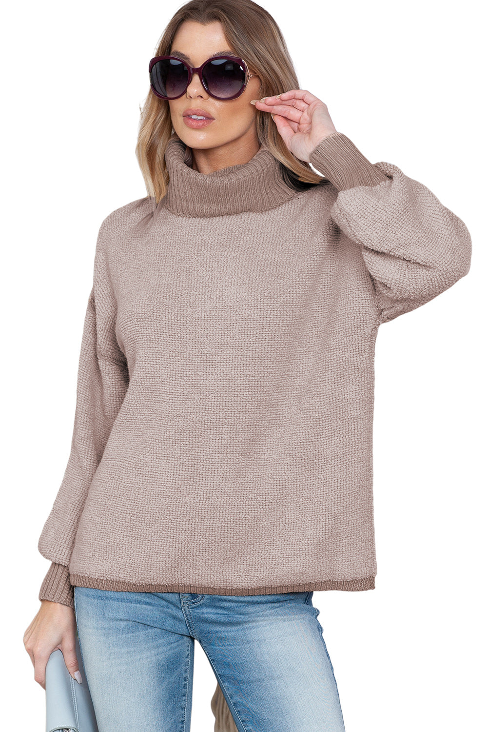 Khaki Pullover Drop Shoulder Chunky Turtleneck Sweater