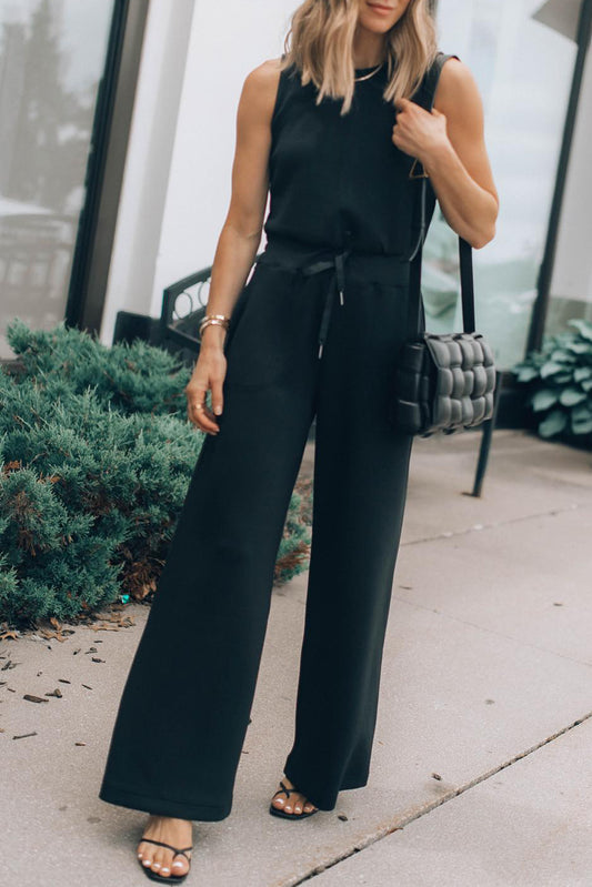 Black Solid Sleeveless Wide Leg Tank Jumpsuit