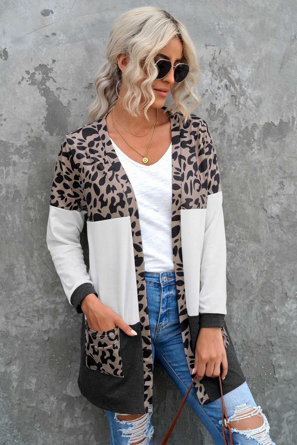 Leopard Block V Neck Cardigan With Pockets