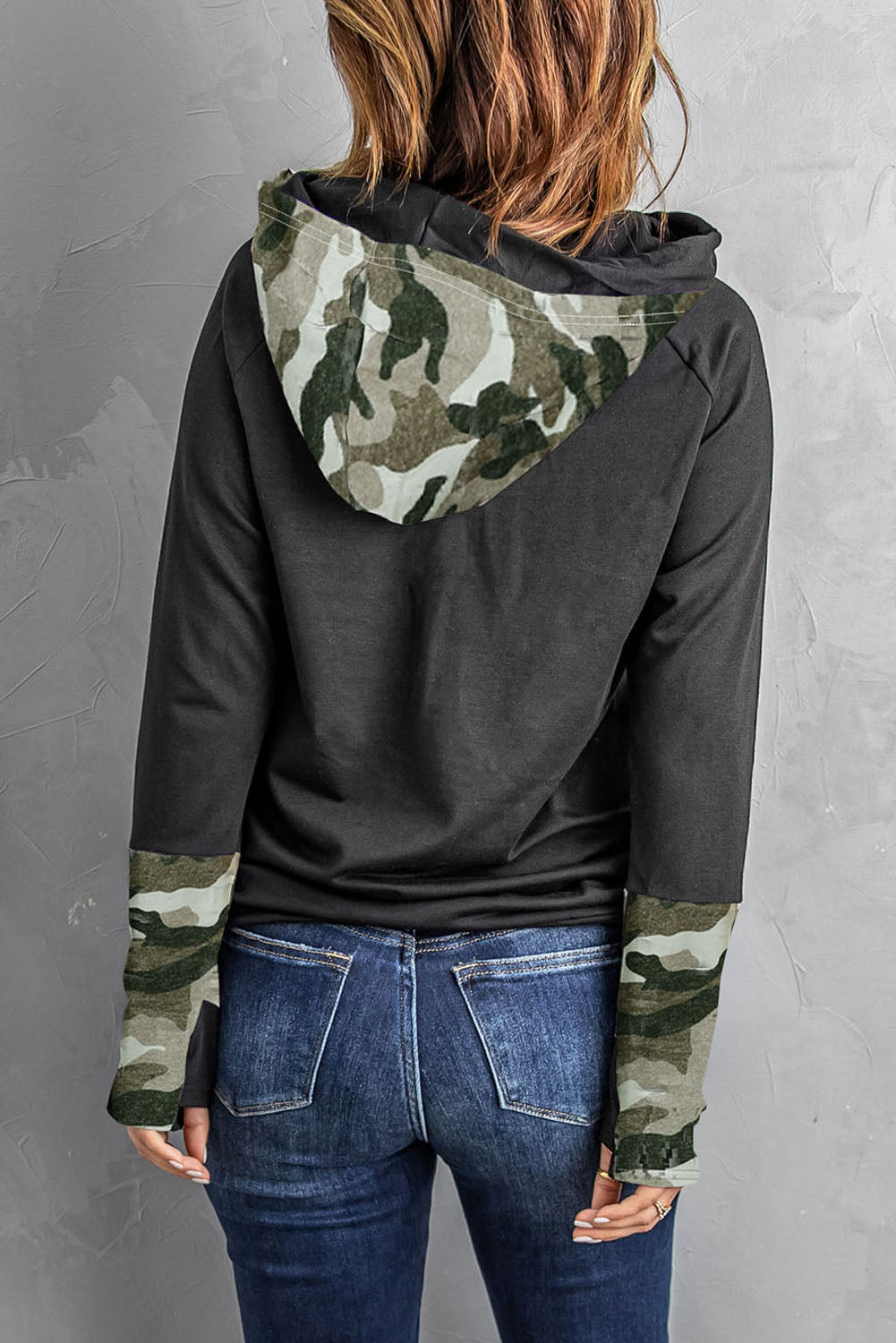 Black Raglan Sleeve Pullover Hoodie With Kangaroo Pocket