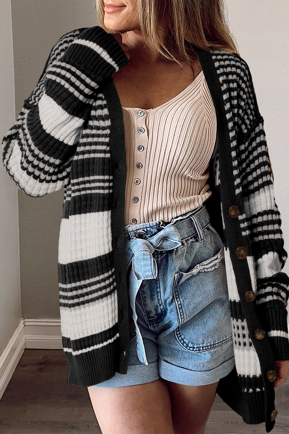 Black Striped Textured Knit Buttoned Cardigan