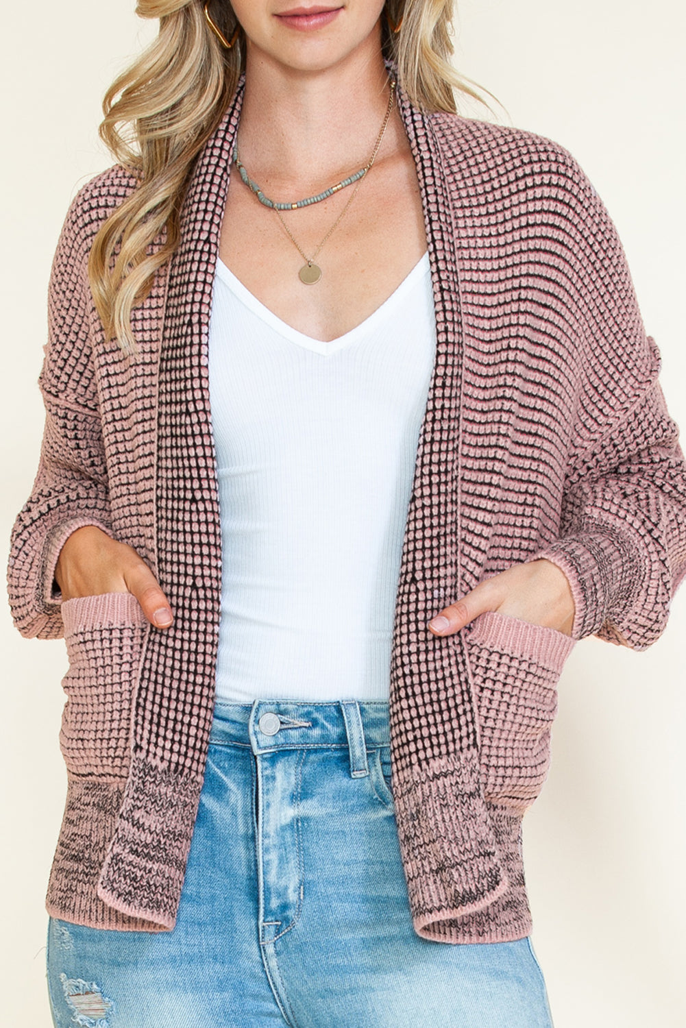 Black Chunky Knit Pockets Drop Sleeve Cardigan