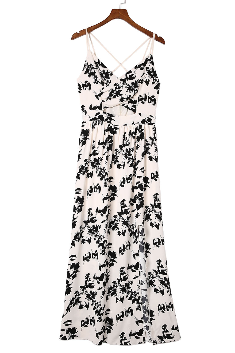 Beige Crossover Hollow-out Maxi Floral Dress With Slit