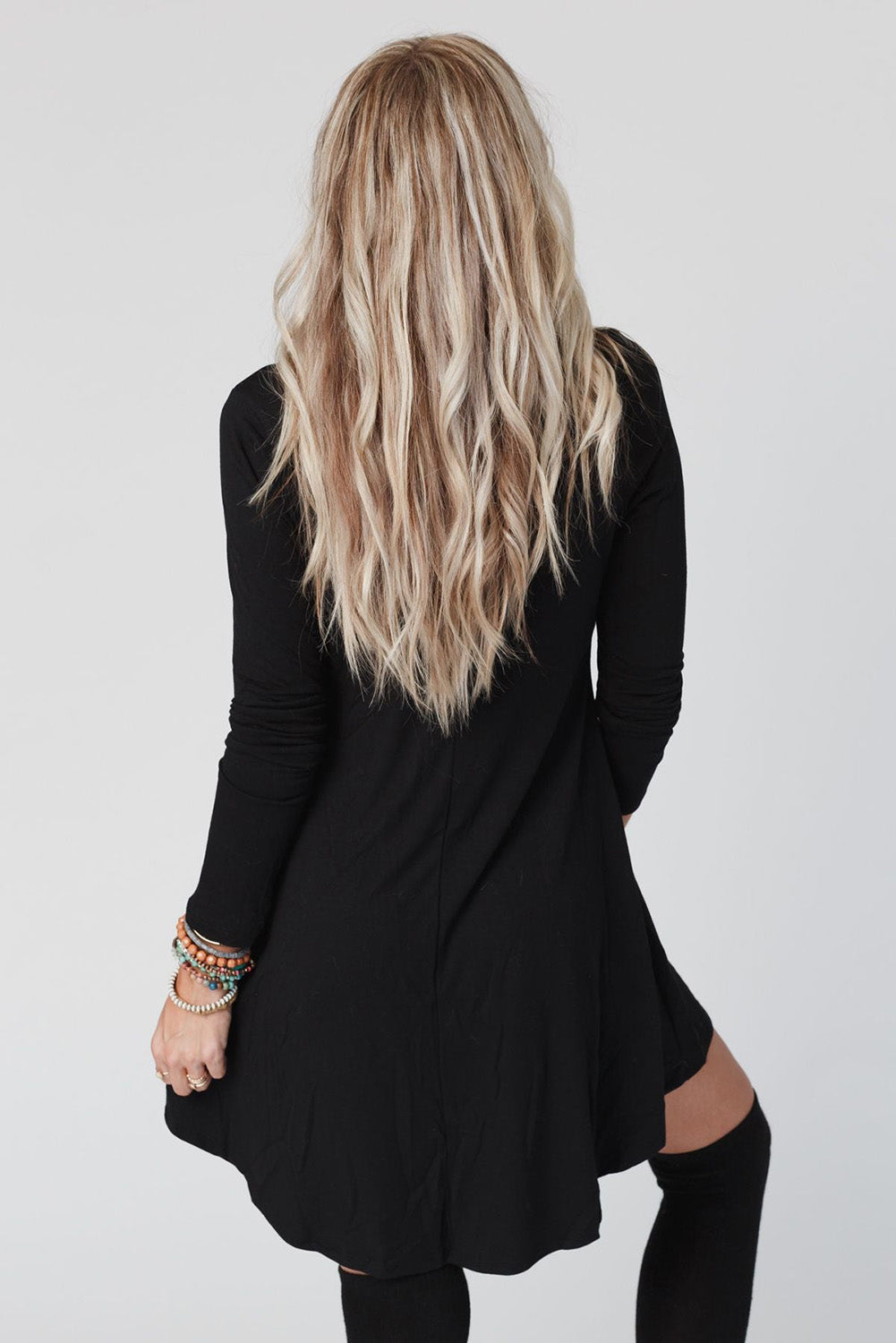 Black Solid Color Long Sleeve Henley Mini Dress