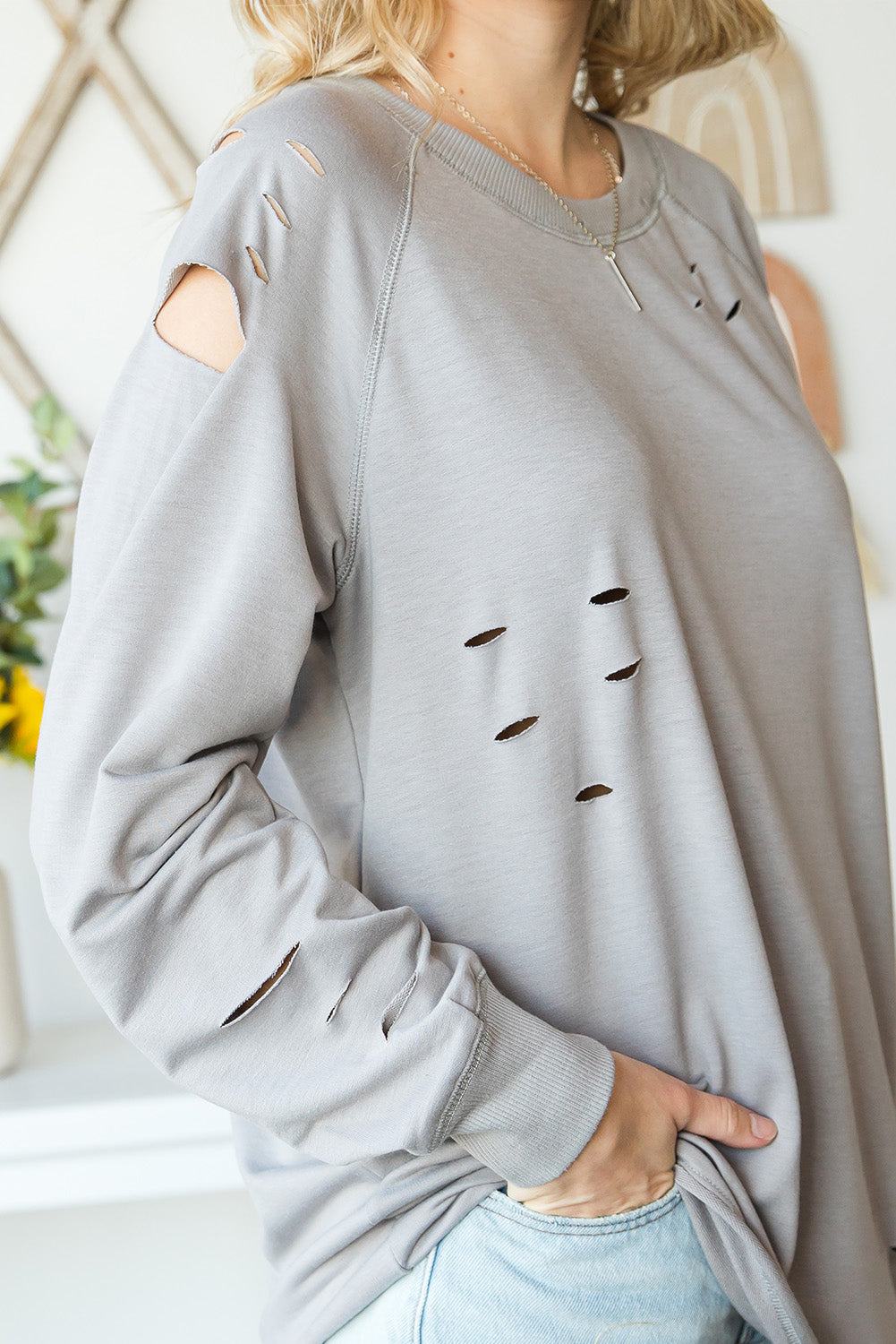 Grey Raglan Sleeve Distressed Sweatshirt