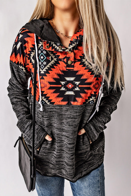 Black Tribal Geometric Print Hoodies with Pocket