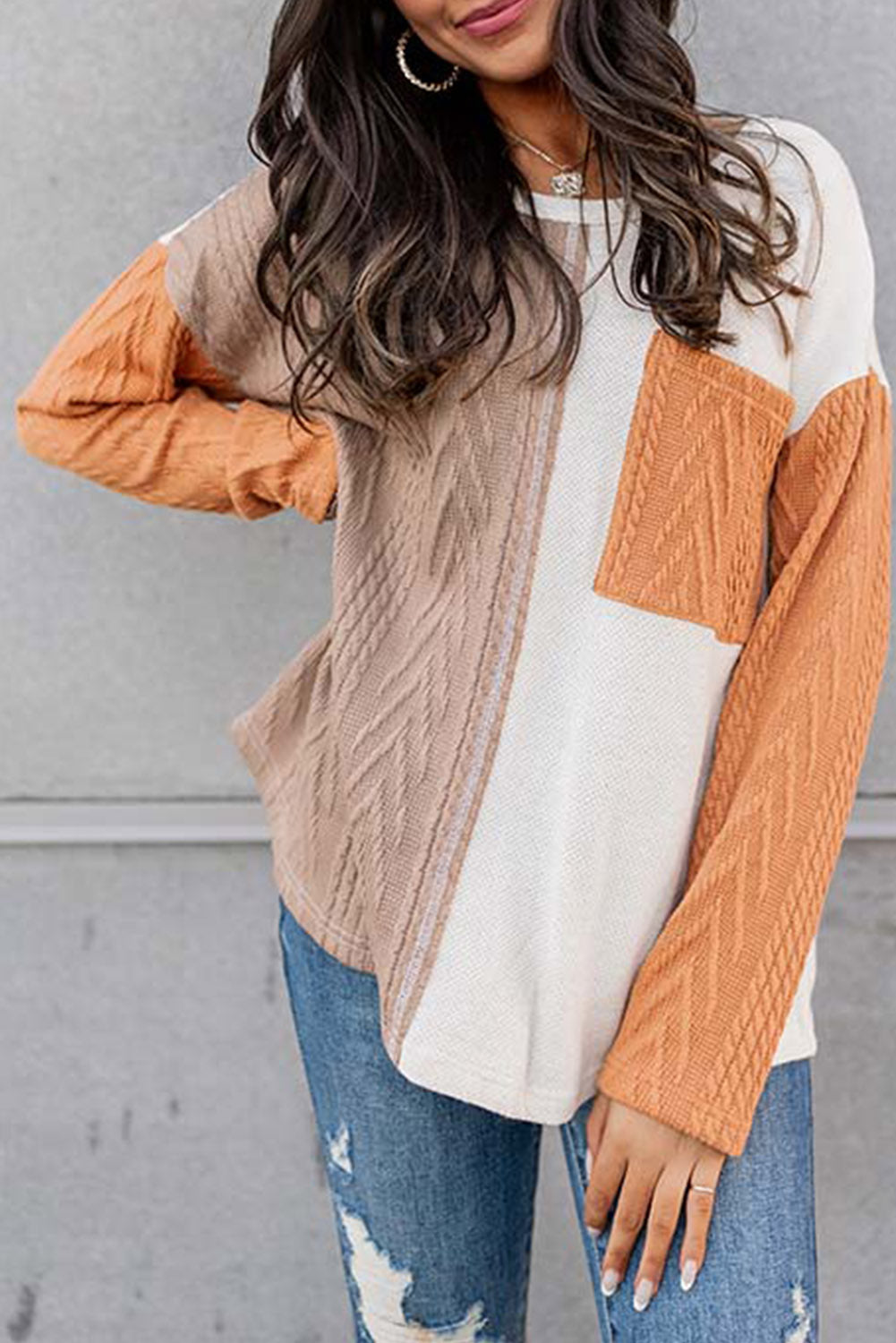 Peach Blossom Long Sleeve Patchwork Pocket Textured Knit Top