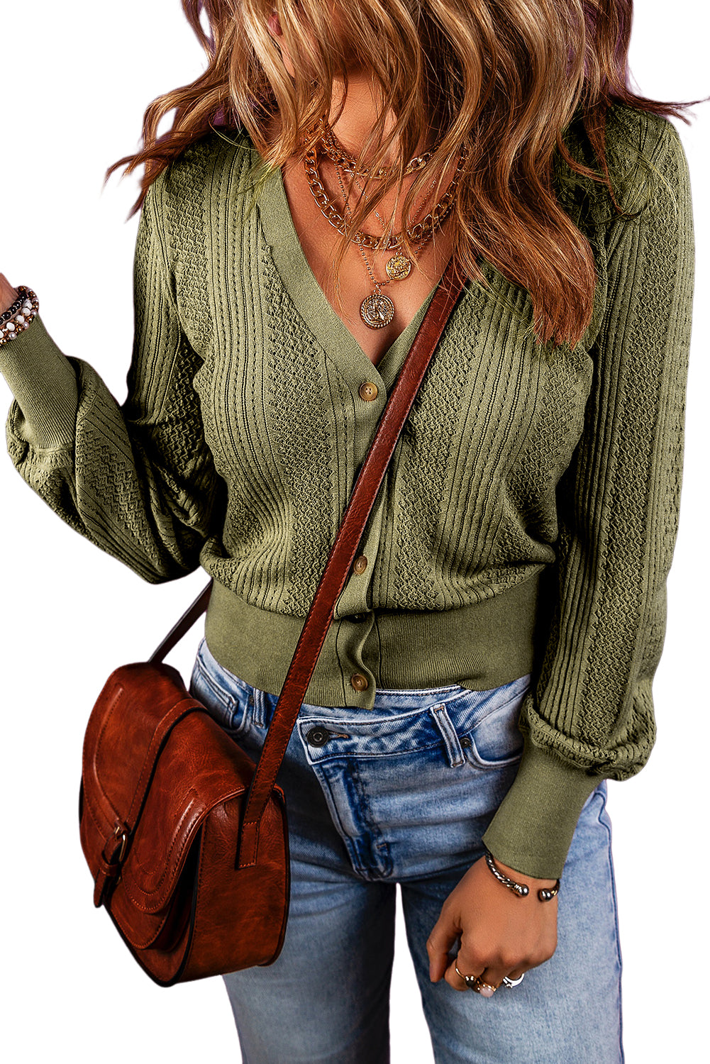 Chestnut V Neck Buttoned Textured Sweater