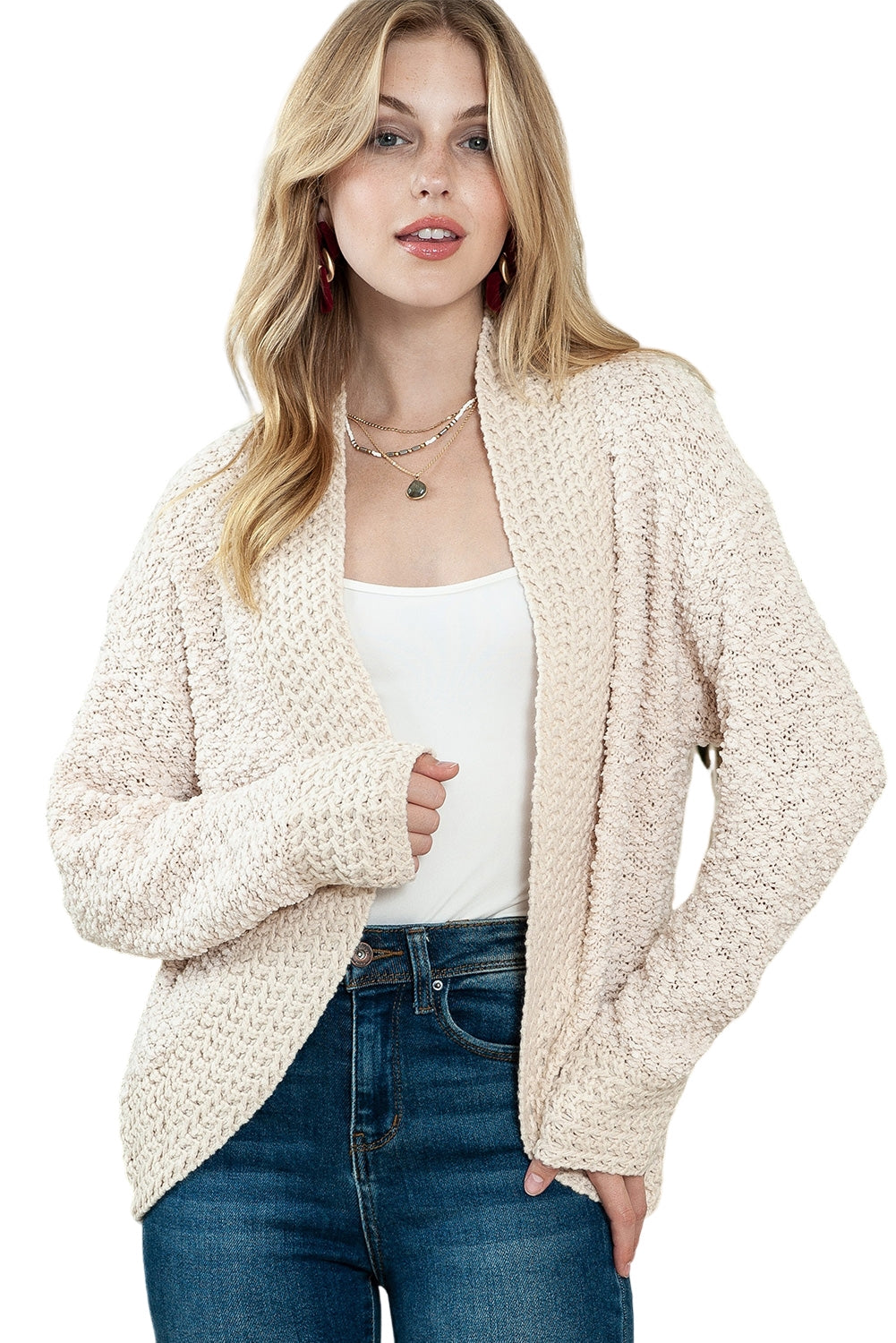 Gray Popcorn Knit Open Front Cardigan