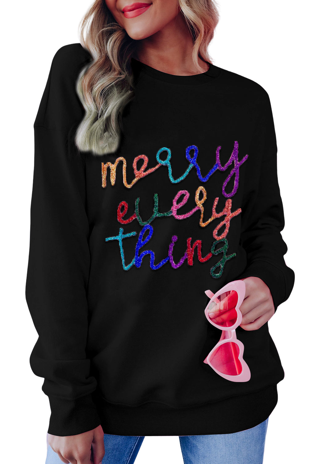 Black Every Thing Glitter Letter Christmas Sweatshirt