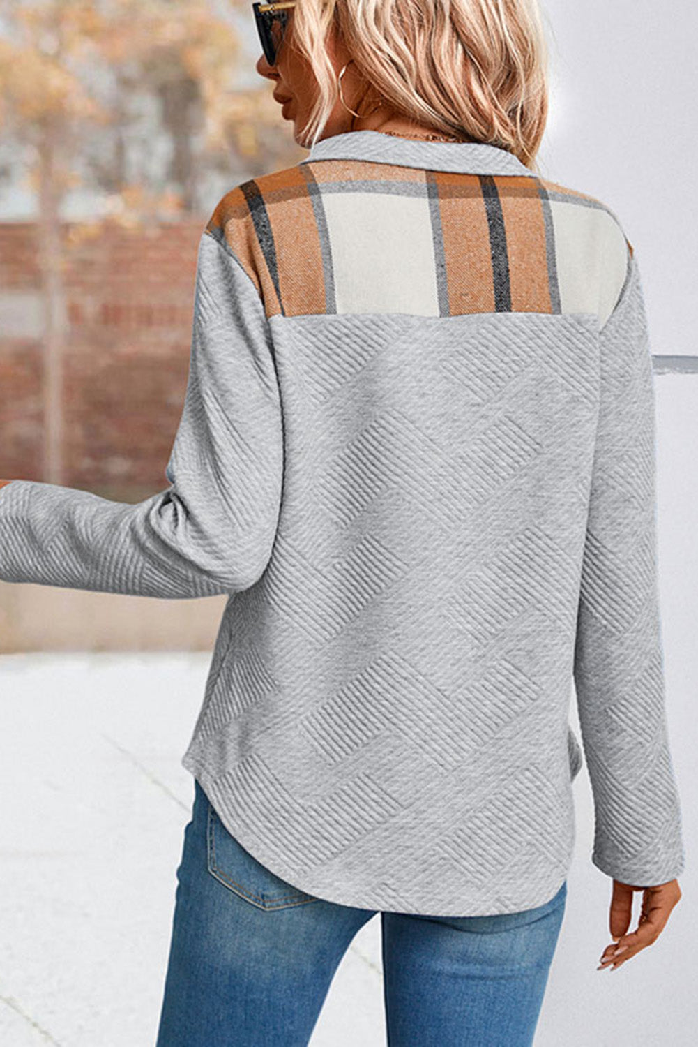 Grey Textured Plaid Patchwork Henley Sweatshirt