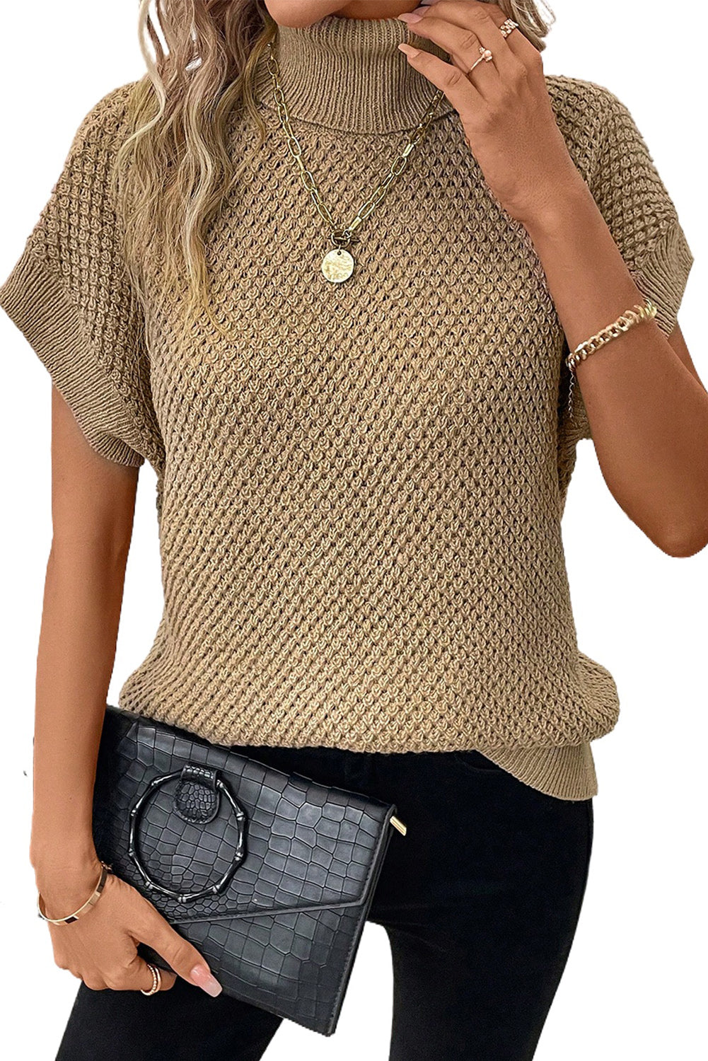 Khaki Ribbed Turtleneck Textured Short Sleeve Sweater