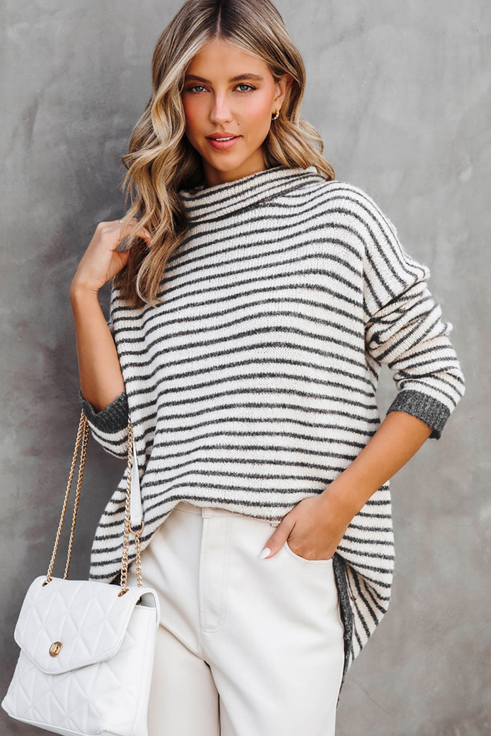 Khaki Striped Turtleneck Oversized Sweater