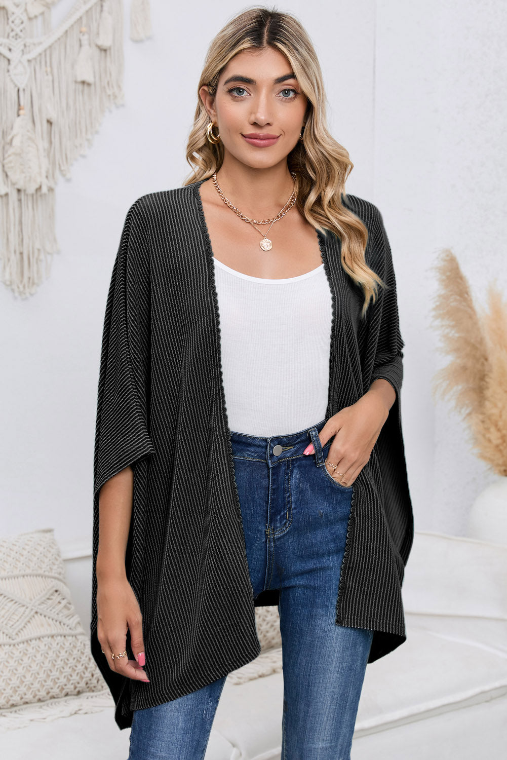 Apricot Textured Lace Trim Open Front Kimono Cardigan