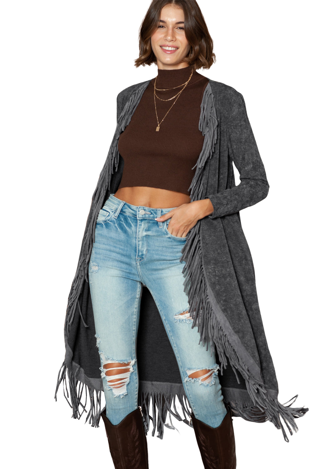 Black Mineral Washed Tassel Open Front Long Cardigan